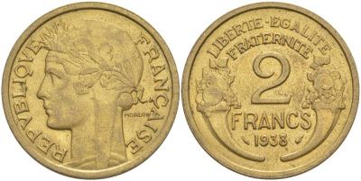ФРАНЦИЯ 2 ФРАНКА 1938 ТИП MORLON KM 886, LE FRANC 268.11 алюминиевая бронза 69-1245