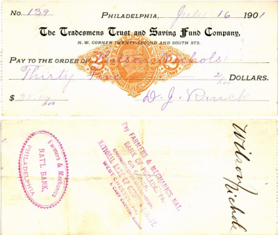 США чек на 35,24 долларов 1901 Филадельфия бумага 3295-115-1-1
