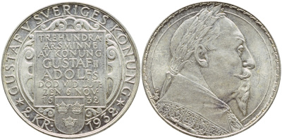 Швеция 2 кроны 1932 G, Густав V, 300 лет со дня смерти Густава II Адольфа KM 805 серебро 1530-1124
