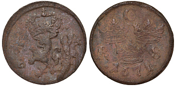 Швеция 1/6 эре 1671 Карл XI (1660-1697) была в обращении на территории России KM 254 медь 4177-411