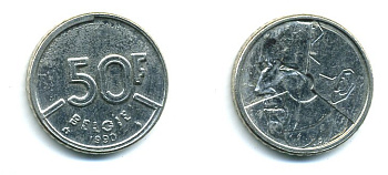 БЕЛЬГИЯ 50 ФРАНКОВ 1990 BELGIE, БОДУЭН I (1951-1993) KM 169 никель 25-1715
