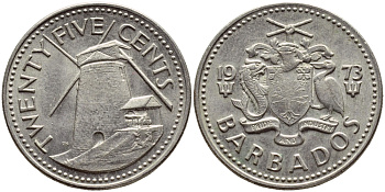 Барбадос 25 центов 1973 ветряная мельница Моргана Льюиса KM 13 медно-никель 4398-334
