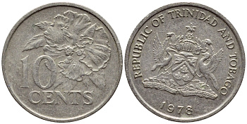 Тринидад и Тобаго 10 центов 1978 цветок гибискуса KM 31 медно-никель 4396-866