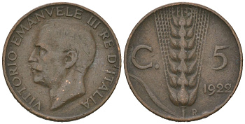 Италия 5 чентезимо 1922 R, Виктор Эммануил III (1900-1946) KM 59 бронза 4615-621