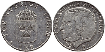 Швеция 1 крона 1981 Карл XVI Густав (1973- ) KM 852 медь плакированная медно-никелем 4397-1023