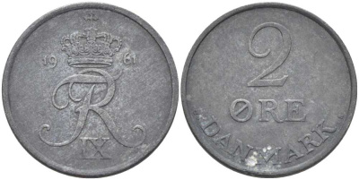 ДАНИЯ 2 ЭРЕ 1961 C; S, ФРЕДЕРИК IX (1947-1972) KM 840.2 цинк 67-316