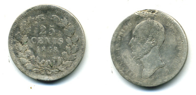 НИДЕРЛАНДЫ 25 ЦЕНТОВ 1848 ВИЛЬЯМ II, ТОЧКА ПОСЛЕ ДАТЫ KM 76 серебро 71-338