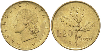 Италия 20 лир 1979 R, дубовый лист KM 97.1 алюминиевая бронза 4523-1011