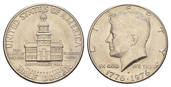 США 1/2 доллара (50 центов) 1976 D, 200 лет независимости, Джон Кеннеди KM 205 медь плакированная медно-никелем aUNC 4545-1144