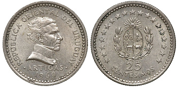 Уругвай 25 сентесимо 1960 KM 40 медно-никель 4169-1044
