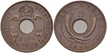 Британская Восточная Африка 5 центов 1924 Георг V (1910-1936) KM 18 бронза 117-922