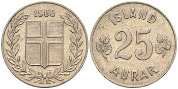 Исландия 25 эйре 1966 KM 11 медно-никель 187-368