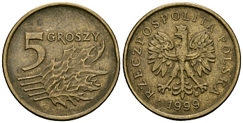 Польша 5 грошей 1999 MW KM 278, Parchimowicz 703f латунь 4136-812