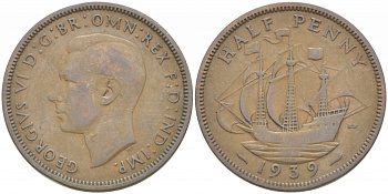 Великобритания 1/2 пенни 1939 Георг VI (1936-1952) KM 844, Spink 4115 бронза 77-442