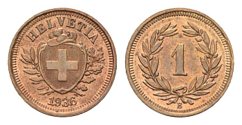 Швейцария 1 раппен 1936 B KM 3 бронза UNC 4659-921