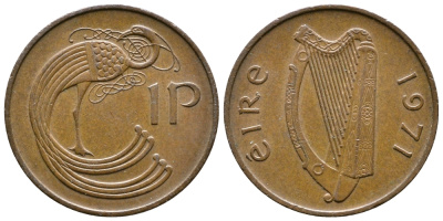 ИРЛАНДИЯ 1 ПЕННИ 1971 ПТИЧКА KM 20 бронза 4110-521