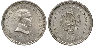Уругвай 25 сентесимо 1960 KM 40 медно-никель 4169-1044