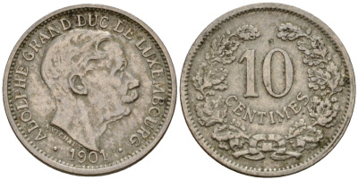 Люксембург 10 сантимов 1901 Адольф (1890-1905) KM 25 медно-никель 4602-457