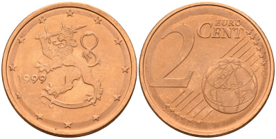 Финляндия 2 евроцента 1999  KM 99 сталь плакированная медью  UNC  4160-344