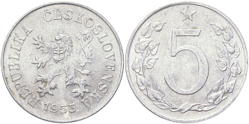 Чехословакия 5 геллеров 1953 KM 37 алюминий 4613-1037