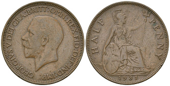 Великобритания 1/2 пенни 1931 Георг V (1910-1936) KM 837, Spink 4058 бронза 4163-1031