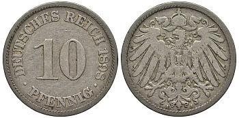Германия 10 пфеннигов 1898 A KM 12, Jager 13, Weege 8 медно-никель 219-316