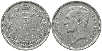 БЕЛЬГИЯ 5 ФРАНКОВ 1931 BELGES KM 97.1 никель 56-211