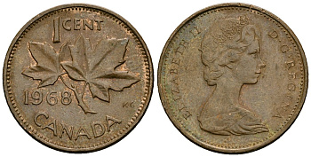 Канада 1 цент 1968 Елизавета II (1952-2022), кленовый лист KM 59.1 бронза 4174-225