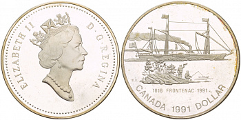 Канада 1 доллар 1991 175 лет первому пароходу "Фронтенак" KM 179 серебро PROOF 1087-6-41