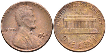 США 1 ЦЕНТ 1964 D, ЛИНКОЛЬН KM 201 медь цинк 4588-359