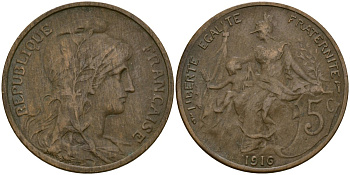 Франция 5 сантимов 1916 KM 842, Le Franc 119.5 бронза 51-2533