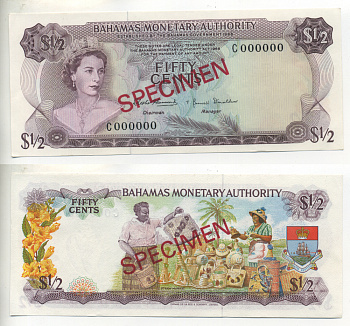 Багамские острова 1/2 доллара 1968 Specimen Pick 26s бумага аUNC 451-338-2