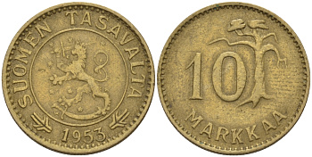 ФИНЛЯНДИЯ 10 МАРОК 1953 Н KM 38 алюминиевая бронза 67-842