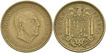 Испания 1 песета 1966 (70) Франсиско Франко (1939 - 1975) KM 796 алюминиевая бронза 4155-355