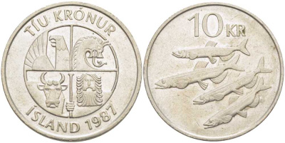 Исландия 10 крон 1987 KM 29.1 медно-никель 117-1232