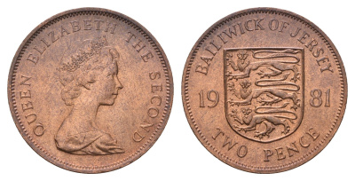 Джерси 2 пенса 1981 год-тип, герб, Елизавета II (1952-2022) KM 47 бронза aUNC 60-935