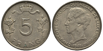 Люксембург 5 франков 1949 Великая герцогиня Шарлотта (1919-1964) KM 50 медно-никель 4536-522