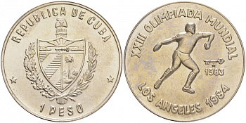 Куба 1 песо 1983 XXII Олимпийские игры в Лос-Анжелесе 1984 года, метание диска KM 174 медно-никель UNC 189-815