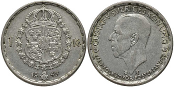 Швеция 1 крона 1947 TS, Густав V (1907-1950) KM 814 серебро 202-537