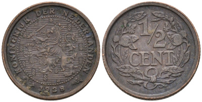Нидерланды 1/2 цента 1928 Вильгельмина (1890-1948) KM 138 бронза 4576-458