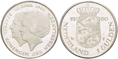 Нидерланды 1 гульден 1980 на коронацию Беатрикс, 30 апреля 1980 KM 200 никель 213-1244