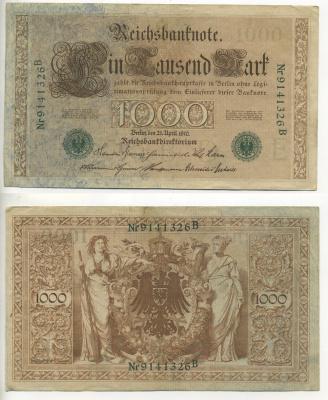 ГЕРМАНИЯ 1000 МАРОК 1910 ЗЕЛЕНАЯ ПЕЧАТЬ, 7 ЦИФР В НОМЕРЕ Pick 45b бумага 7552-51-2