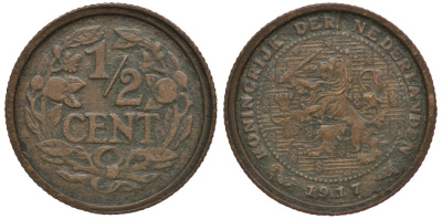 НИДЕРЛАНДЫ 1/2 ЦЕНТА 1917 ВИЛЬГЕЛЬМИНА I (1890-1948) KM 138 бронза 4381-646