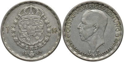 Швеция 1 крона 1947 TS, Густав V (1907-1950) KM 814 серебро 202-537