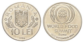 Румыния 10 леев 1996 N, Международный продовольственный саммит в Риме KM 126 сталь плакировнная никелем UNC 11-264-24
