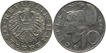 АВСТРИЯ 10 ШИЛЛИНГОВ 1974 KM 2918 никель плакированный медно-никелем 33-721