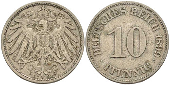ГЕРМАНИЯ 10 ПФЕННИГОВ 1899 E KM 12, J. 13 медно-никель 4401-1057