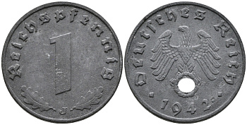 ГЕРМАНИЯ 1 РЕЙХСПФЕННИГ 1942 J KM 97, J.369 цинк 96-746