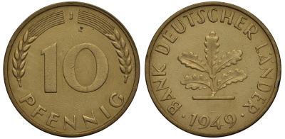 ФРГ 10 пфеннигов 1949 J KM 103, J.378 сталь плакированная латунью 650-1724