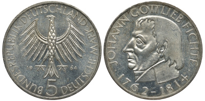 ФРГ 5 марок 1964 J, 150 лет со дня смерти Иоганна Готлиба Фихте J. 393, KM 118.1 серебро 1520-745